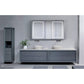Krugg Svange 6036DLLR 60″ X 36″ LED Medicine Cabinet in a modern bathroom setup with stylish gray cabinetry and sinks.