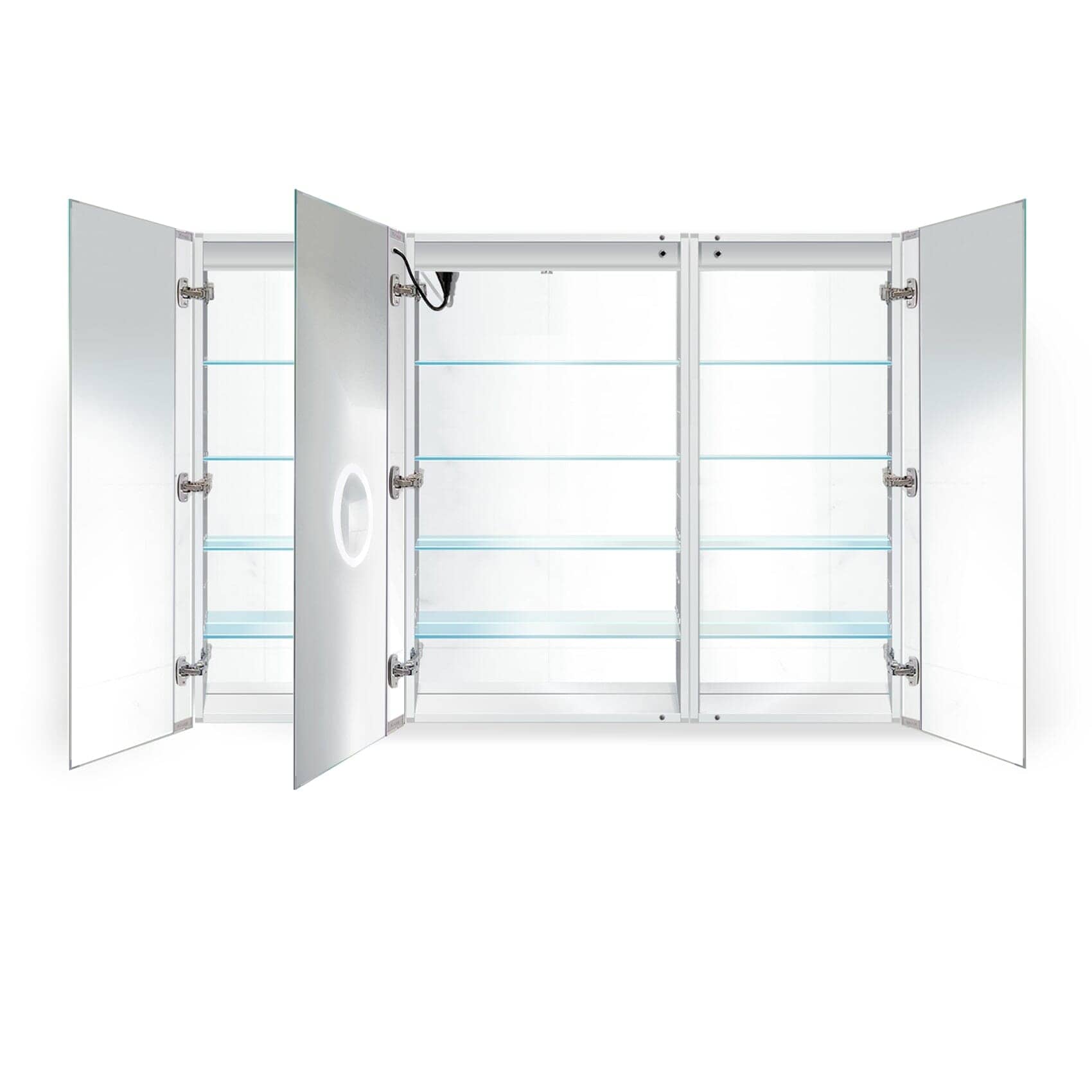 Krugg Svange 6042LLR 60″ X 42″ LED Medicine Cabinet with open mirrored doors and adjustable shelves for organized storage.