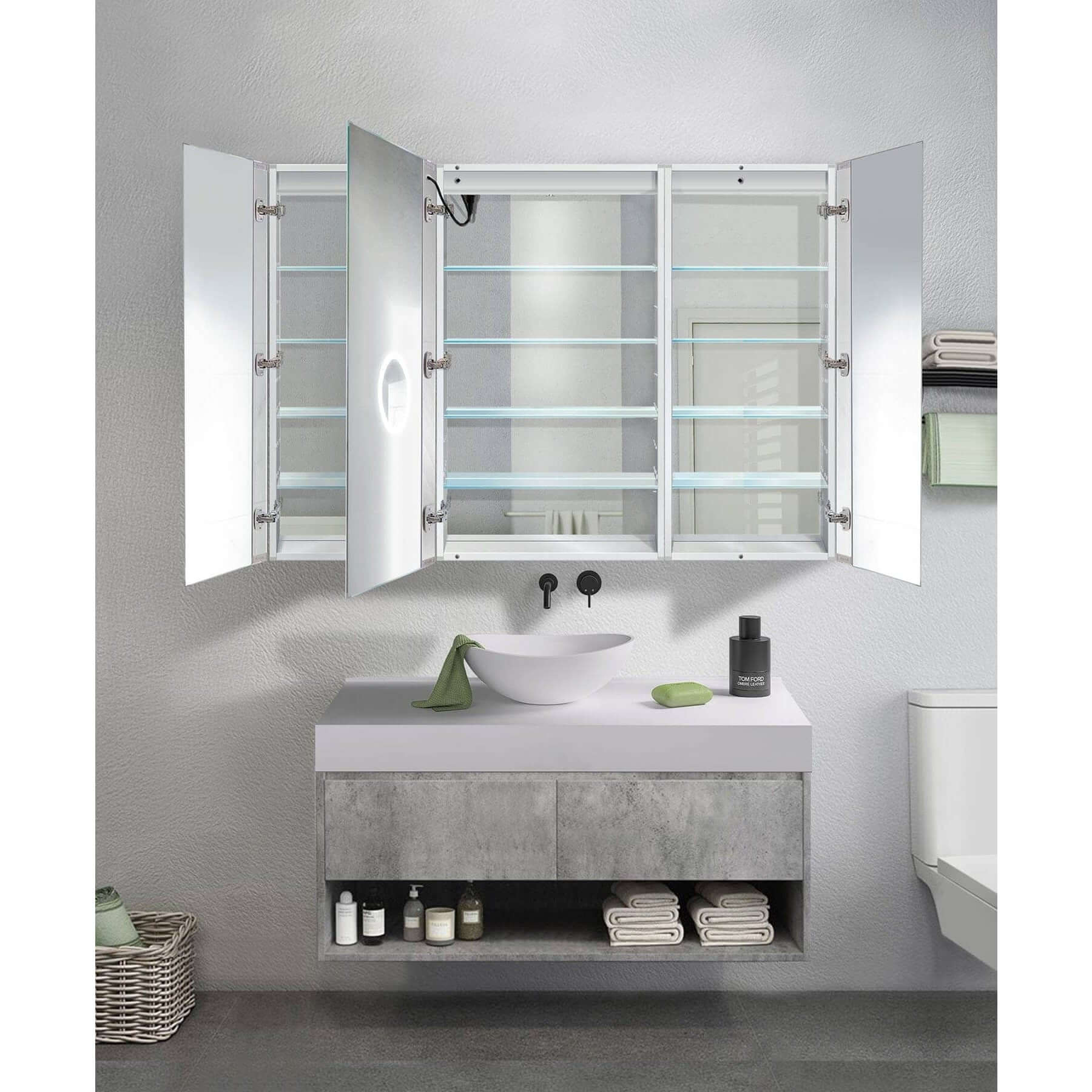 Krugg Svange 6042LLR 60″ X 42″ LED Medicine Cabinet opened, showcasing sleek design and ample storage in a modern bathroom setting.