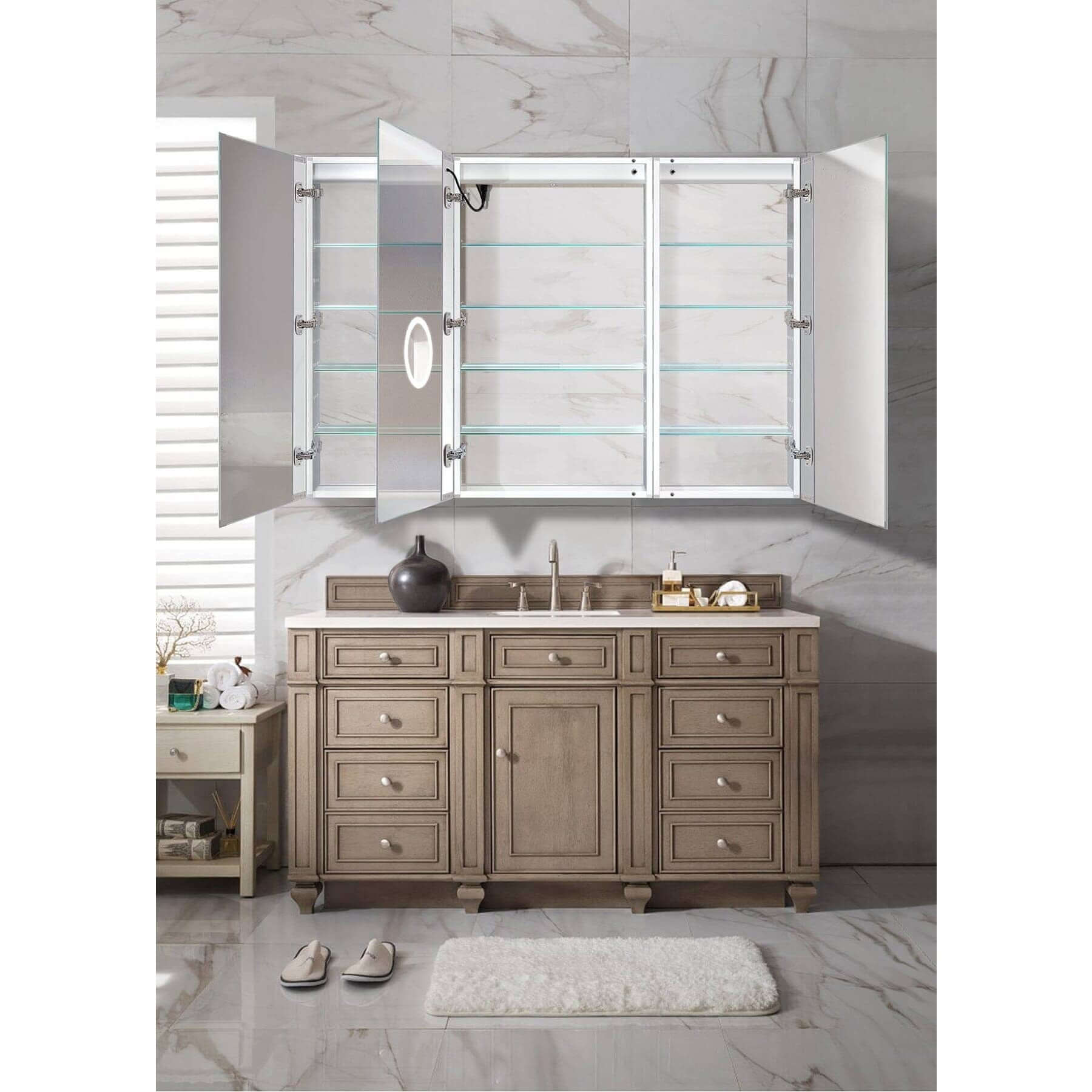 Krugg Svange 6042LLR 60″ X 42″ LED Medicine Cabinet displayed above a stylish bathroom vanity, highlighting modern design and functionality.